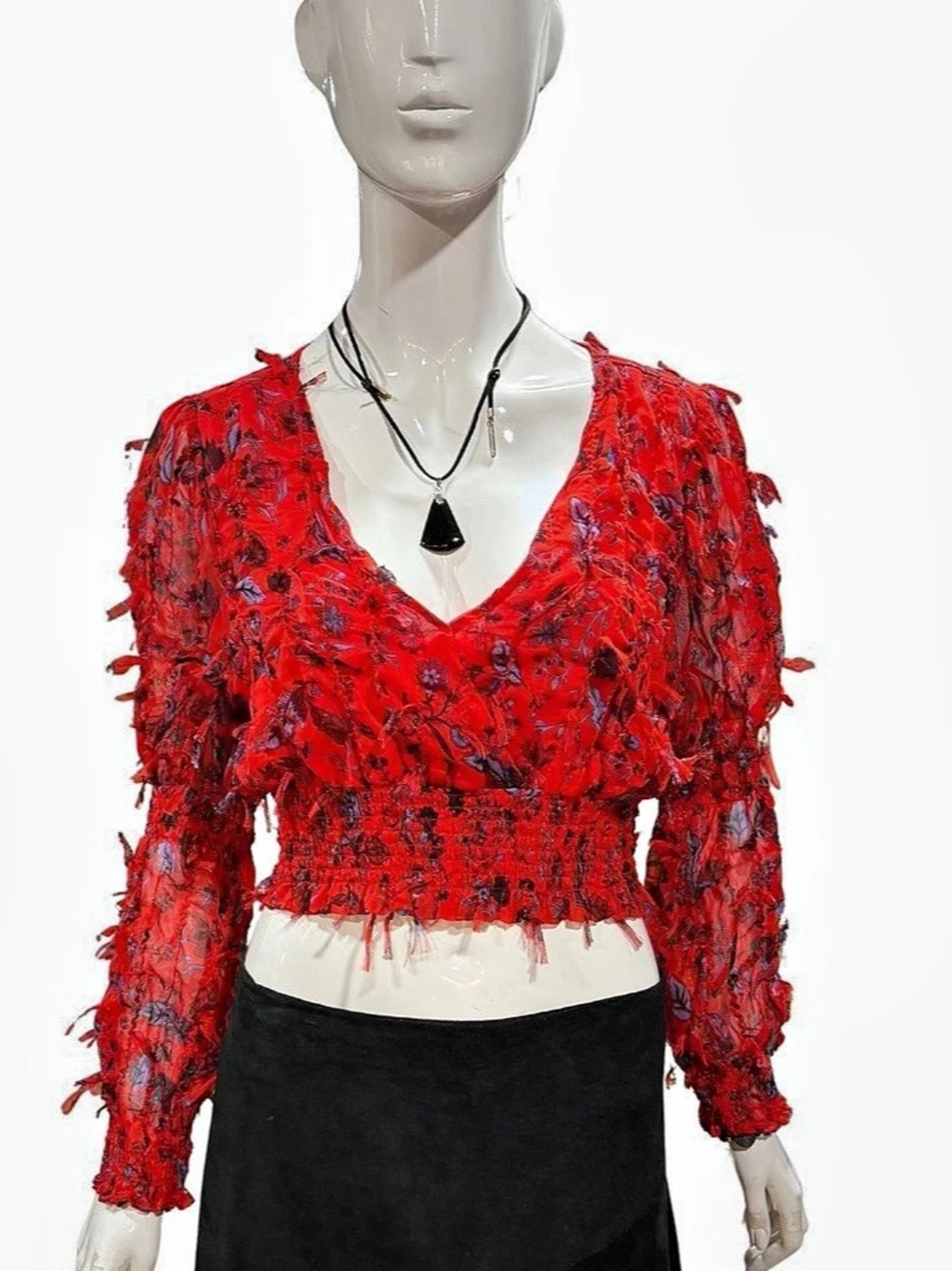 Zara Floral Smocked Crop Blouse in Red & Purple Size Medium